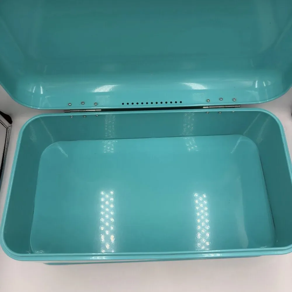 Turquoise Metal Bread Box Hinged Lid Retro Farmhouse Kitchen Storage 16.5”